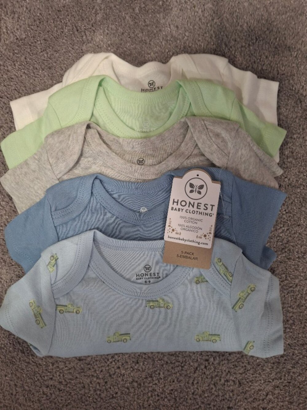 5 pack short sleeve bodysuits, Honest Baby organic cotton, boys, 6-9 months